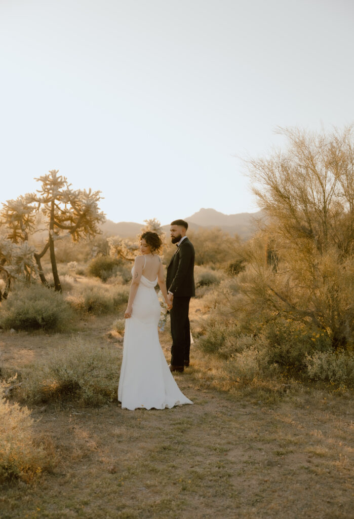 Coulple holding hands in the arizona desert 